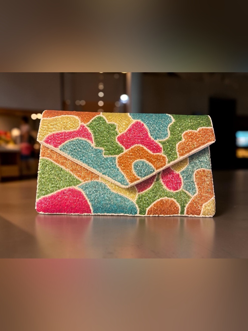 Sassy Jones Beaded Multicolor Envelope Clutch with Chain